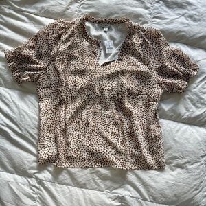 J. Crew Brown and White Puff Sleeve Blouse